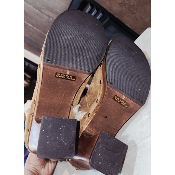 MIA Sz9 Y2K Tan Suede Faux Shearling Trim Retro Boho Hippie Wood Heel Clog Boots - Picture 9 of 11